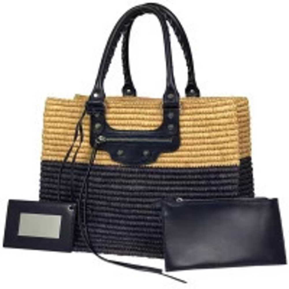 Balenciaga Bicolor Straw Tan Tote Bag Handbag Basket Raffia Beige Purple Navy